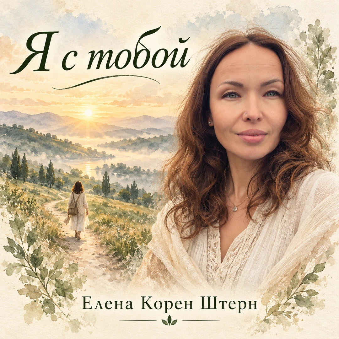 Обложка песни «Я с тобой» Елены Корен Штерн: женщина на фоне рассвета, тропинки и холмов