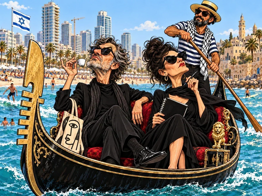 איור הומוריסטי של גונדולה ודמויות על רקע תל אביב – מאמר על גועל, גיל ואמנות