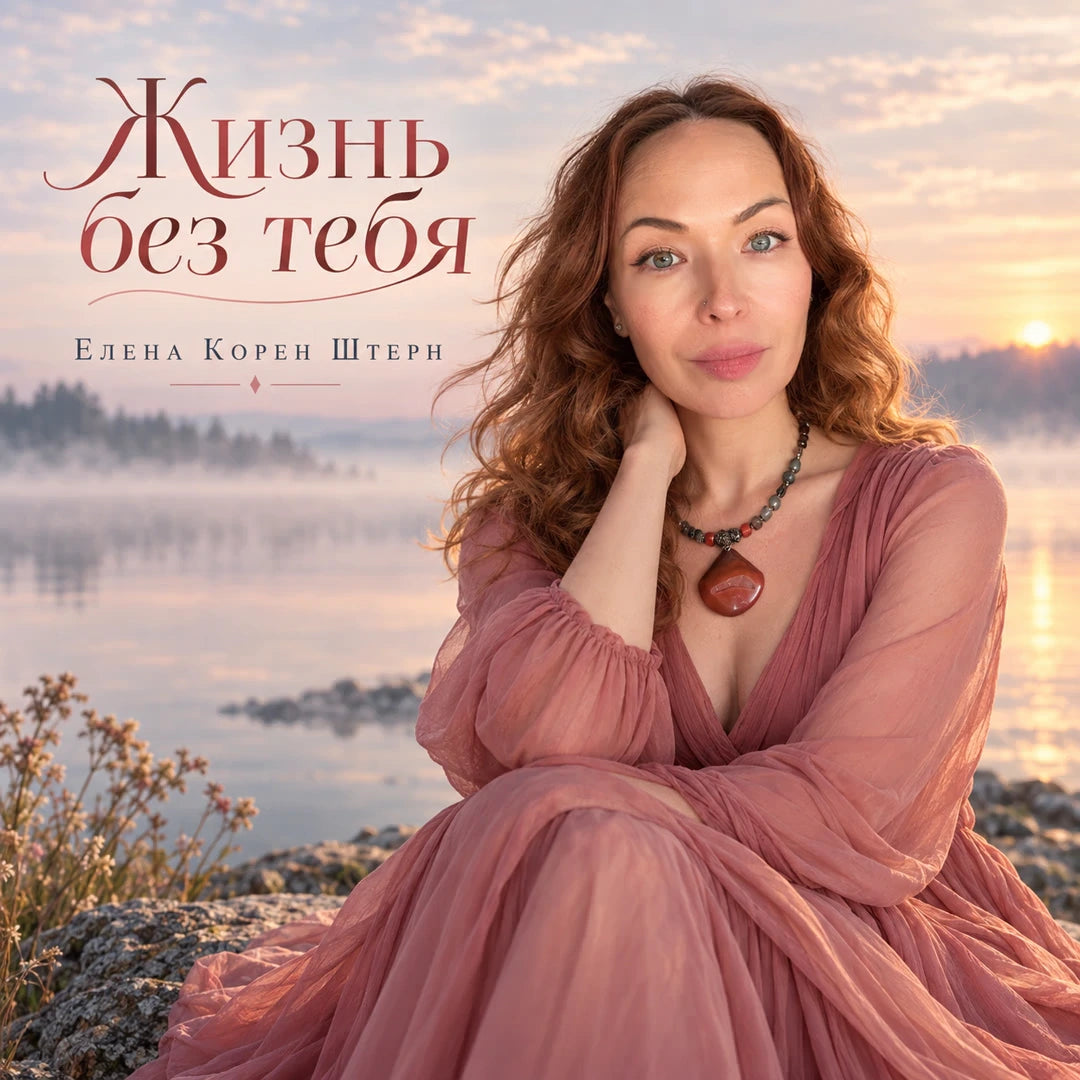 Жизнь без тебя»: женщина в розовом платье у озера на закате; на изображении указаны название песни и имя Елены Корен Штерн